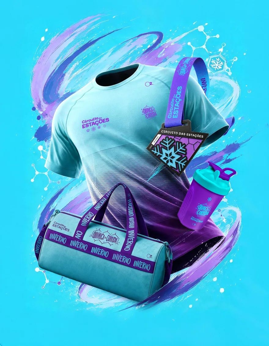 Kit da etapa de Inverno: camiseta, bolsa, copo e medalha roxa