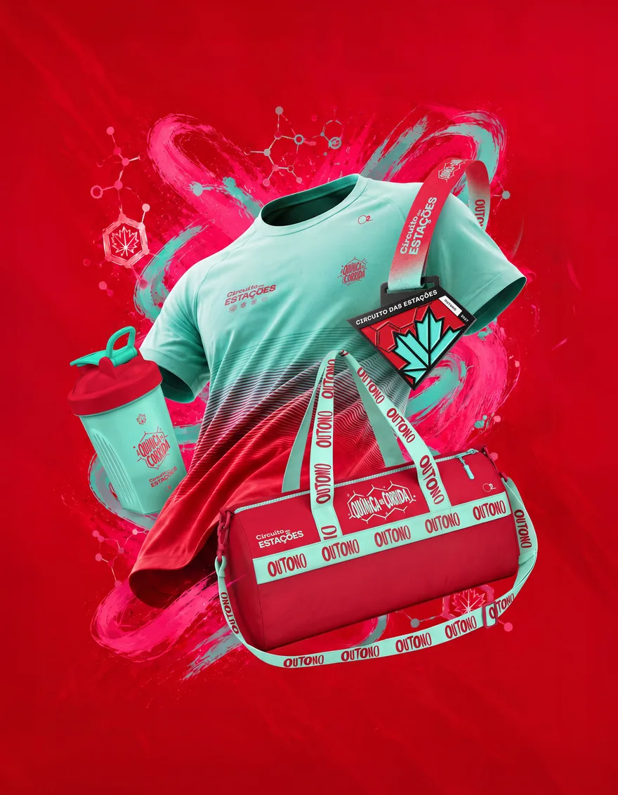 Kit da etapa de Outono: camiseta, bolsa, copo e medalha vermelha